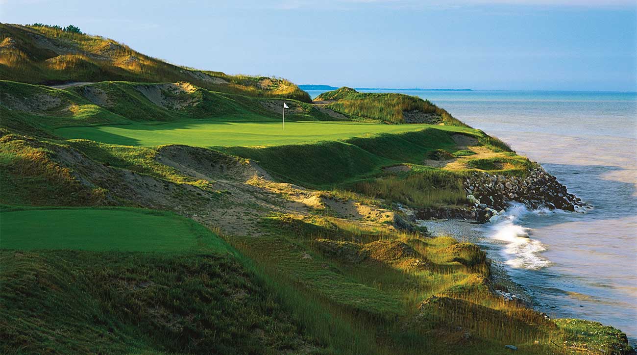 A view of one of the par-3s on the Straits course at Whistling Straits.