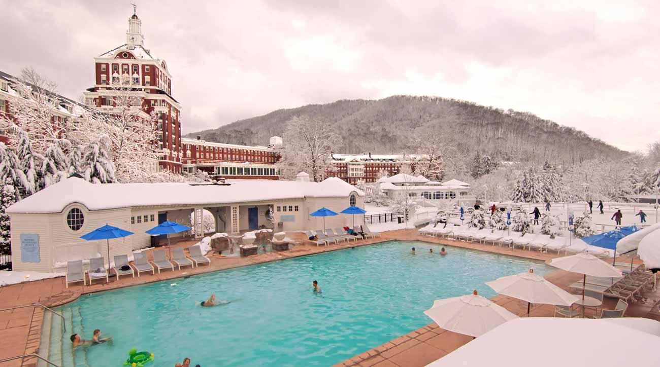 Enjoy skiing and a heated outdoor pool during a winter visit to Omni Homestead Resort.